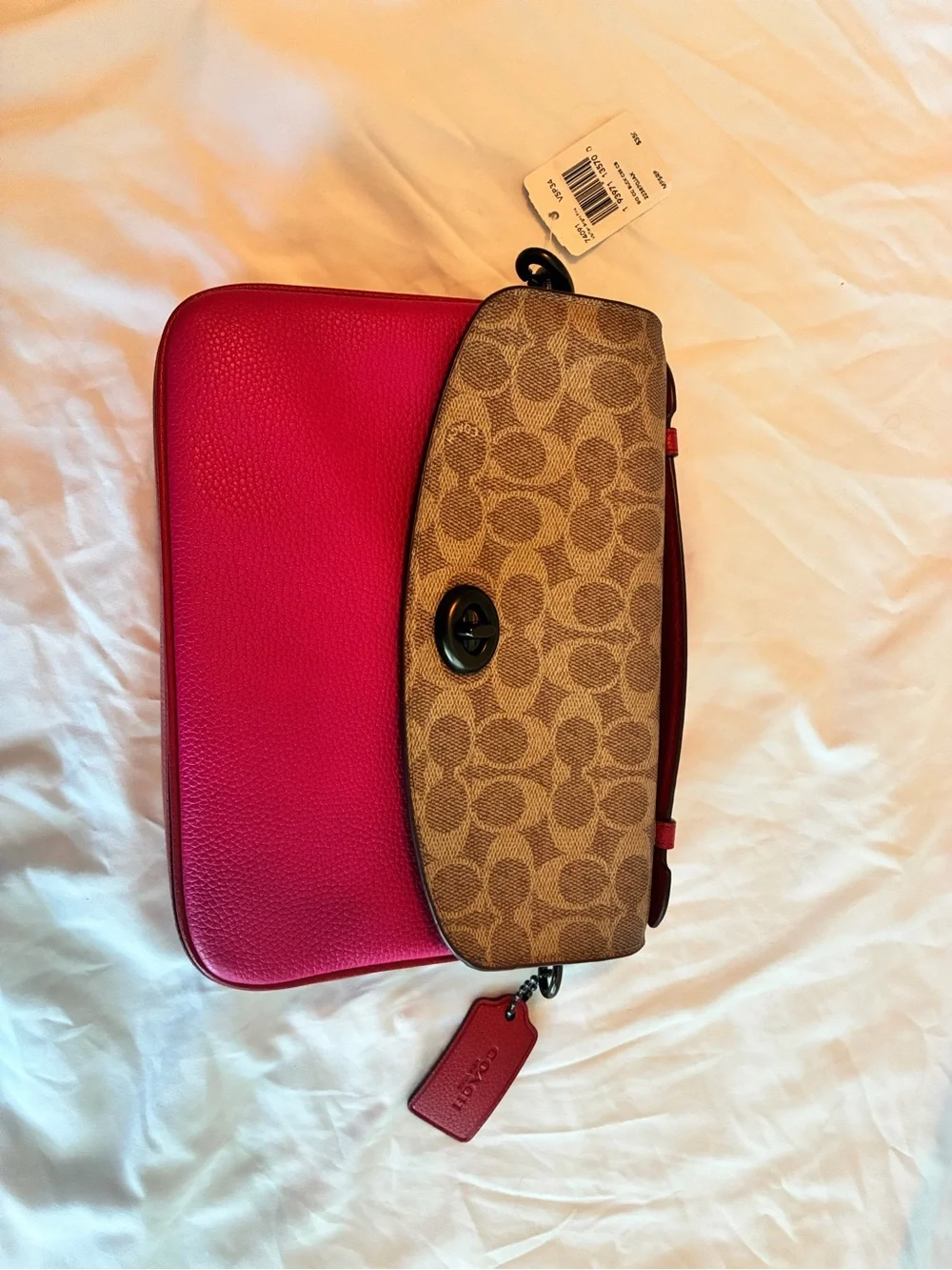 Coach Brown Signature Canvas Shoulder Bag with Pink Leather Trim